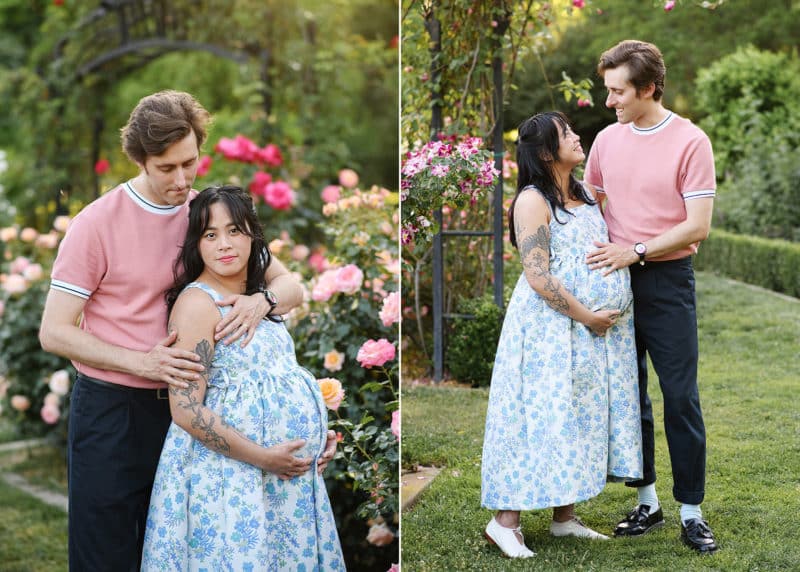 pregnant couple standing in a garden of flowers in sacramento california