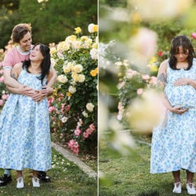 pregnant woman holding her belly in a flower garden, couple hugging and smiling in sacramento california