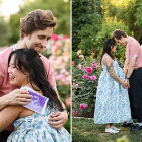 pregnant couple hugging with picture of baby’s ultrasound, touching foreheads in the rose garden