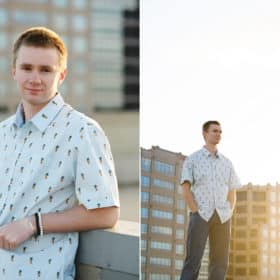 taking high school senior portraits on a rooftop in downtown sacramento california