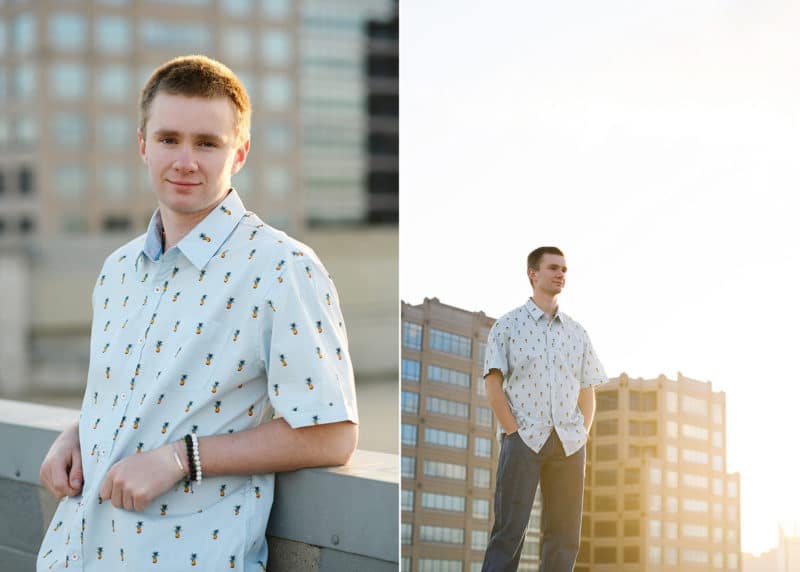 taking high school senior portraits on a rooftop in downtown sacramento california