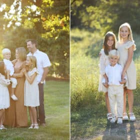 family of five standing in a green field during golden hour, three young siblings standing close during family photos