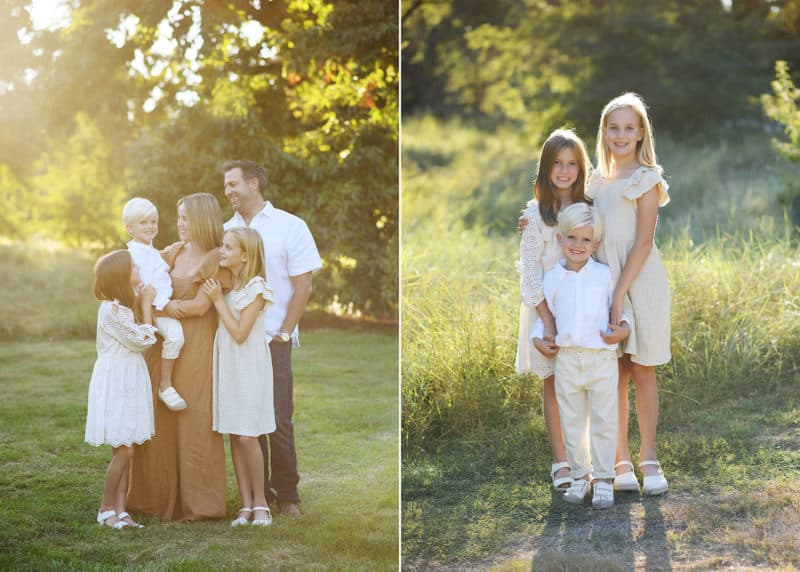 family of five standing in a green field during golden hour, three young siblings standing close during family photos