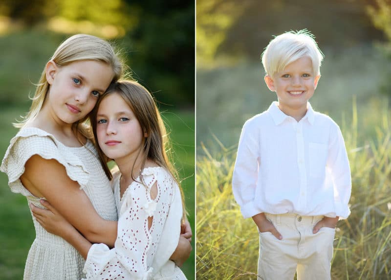 two sisters hugging and posing together during family photos, young brother posing with hands in pockets