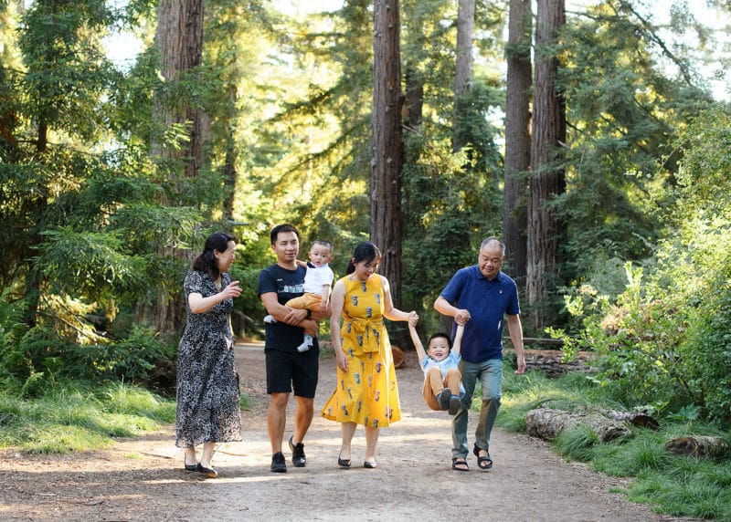 family walking in the redwoods of davis california with grandparents holding hands