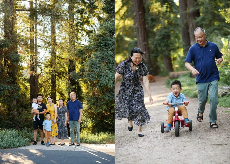 taking family photos with grandparents in davis california, grandma and grandpa chasing after grandson on a bike