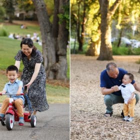 grandma pushing grandson on a training bike, grandpa helping young boy walk during family photos in davis california