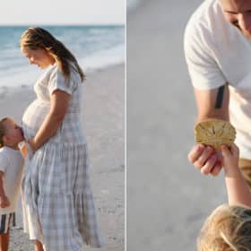 young boy kissing mom’s pregnant belly on the beach, dad showing young son a sand dollar in florida