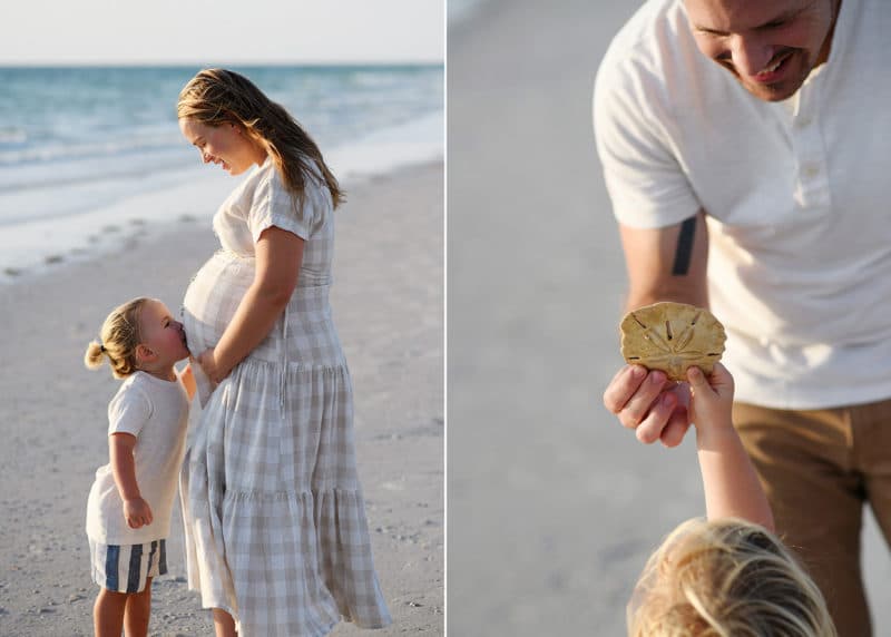 young boy kissing mom's pregnant belly on the beach, dad showing young son a sand dollar in florida