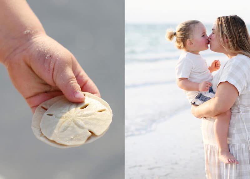 little boy holding a sand dollar on the beach, pregnant mom and son kissing on the beach