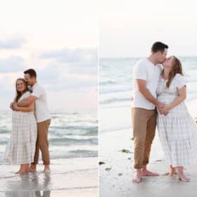 mom and dad hugging on the beach in florida, kissing on the sand