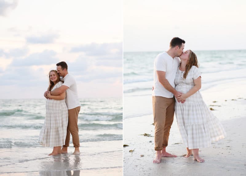 mom and dad hugging on the beach in florida, kissing on the sand