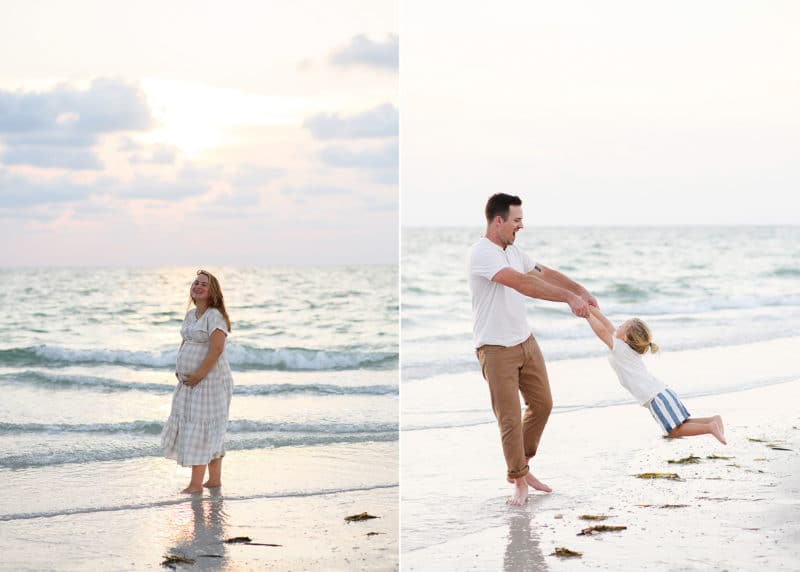 pregnant woman standing on the beach during sunset, mom and son spinning in the water