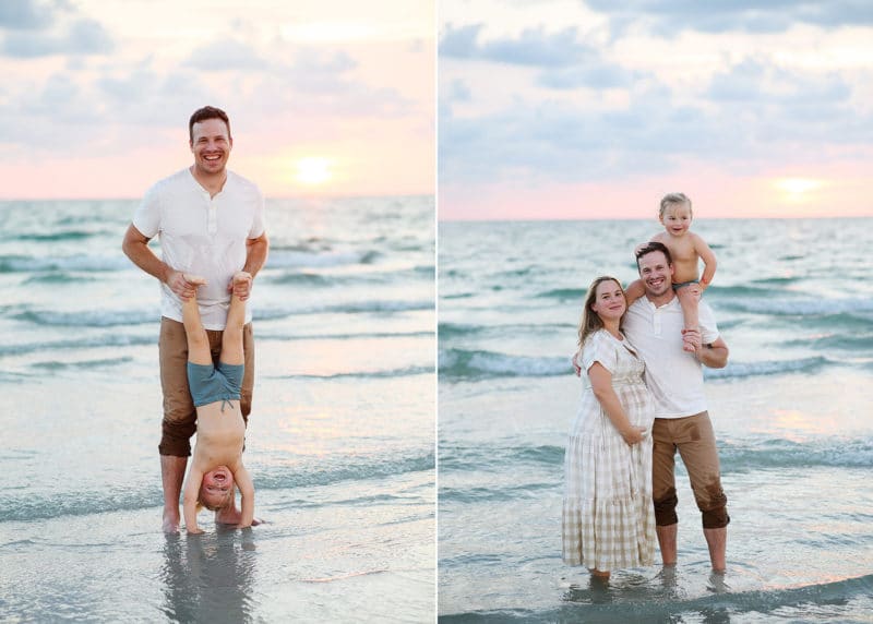 family of three standing in the water on vacation in florida, dad holding young son by the feet