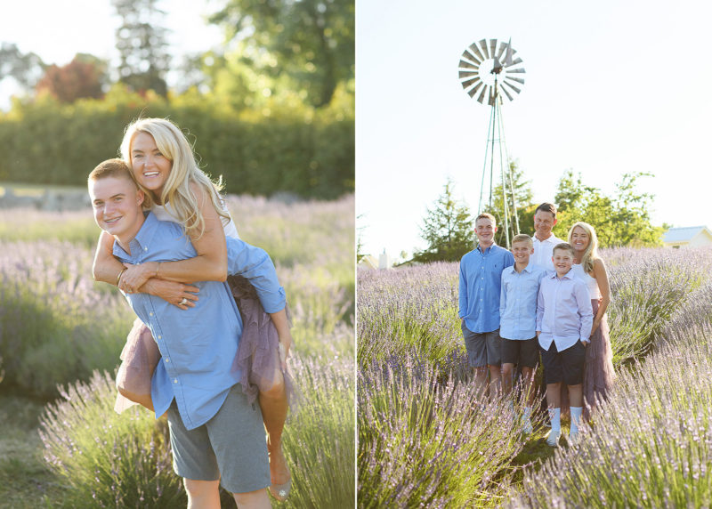 family of five standing in a lavender field during summer photo session, mom on the back of her teenage son during family photos