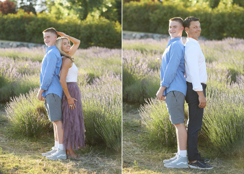 mom and dad with teenage son comparing height in the lavender fields in newcastle california