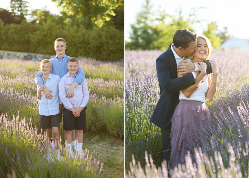 three brothers standing together in the middle of a lavender field during summer photos, dad kissing mom on the cheek in the sunlight