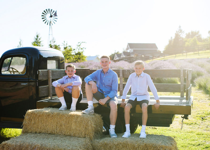 three young boys sitting on an old truck with hay in the middle of a lavender field in newcastle california