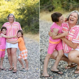 mom with two sons at folsom lake in california, laughing and tickling one another