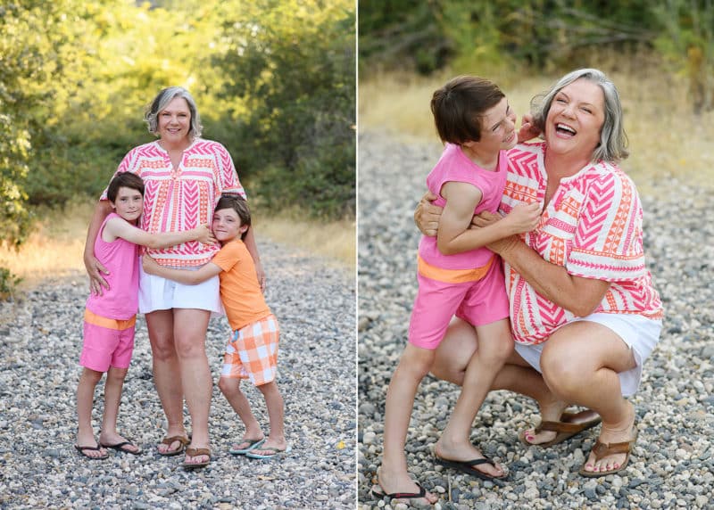 mom with two sons at folsom lake in california, laughing and tickling one another