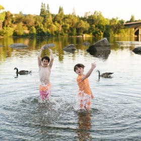 two young boys standing in folsom lake skipping rocks with geese behind them