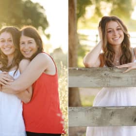 mom hugging senior girl from behind, posing with a wooden fence during senior portraits