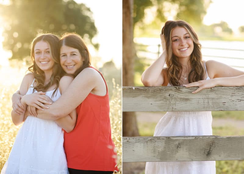 mom hugging senior girl from behind, posing with a wooden fence during senior portraits