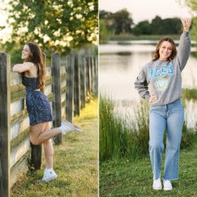 senior girl posing in a UC Santa Barbara sweatshirt, posing against a fence in sacramento california