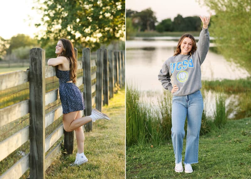 senior girl posing in a UC Santa Barbara sweatshirt, posing against a fence in sacramento california