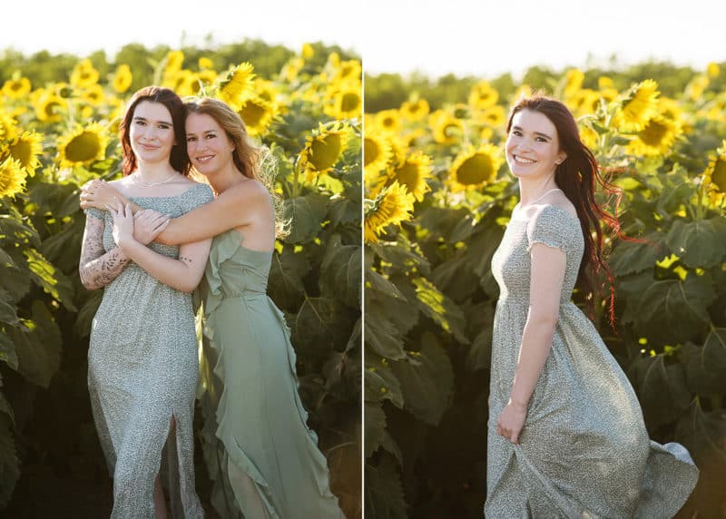 mom hugging daughter in the sunflowers, posing in the wind looking at the photographer in dixon california