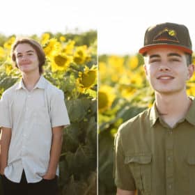 teenage boy wearing a hat and smiling at the photographer during family photos in dixon california, teenage boy standing in a field of sunflowers