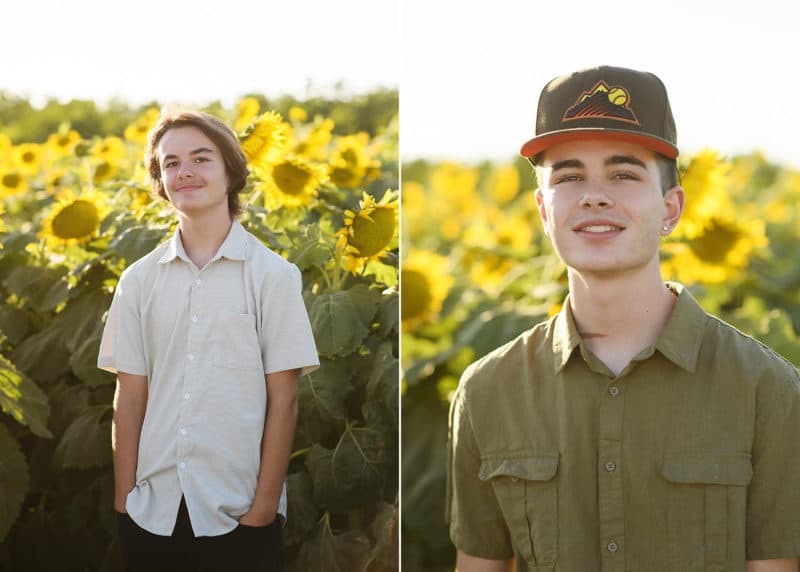 teenage boy wearing a hat and smiling at the photographer during family photos in dixon california, teenage boy standing in a field of sunflowers