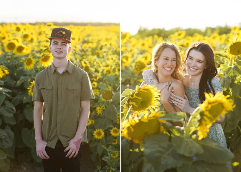 mom and daughter hugging in the middle of sunflowers, young man looking at the photographer during family photos in dixon california