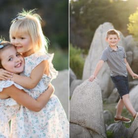 two sisters hugging wearing white dresses during family photography session in granite bay california, big brother standing on rocks during golden hour