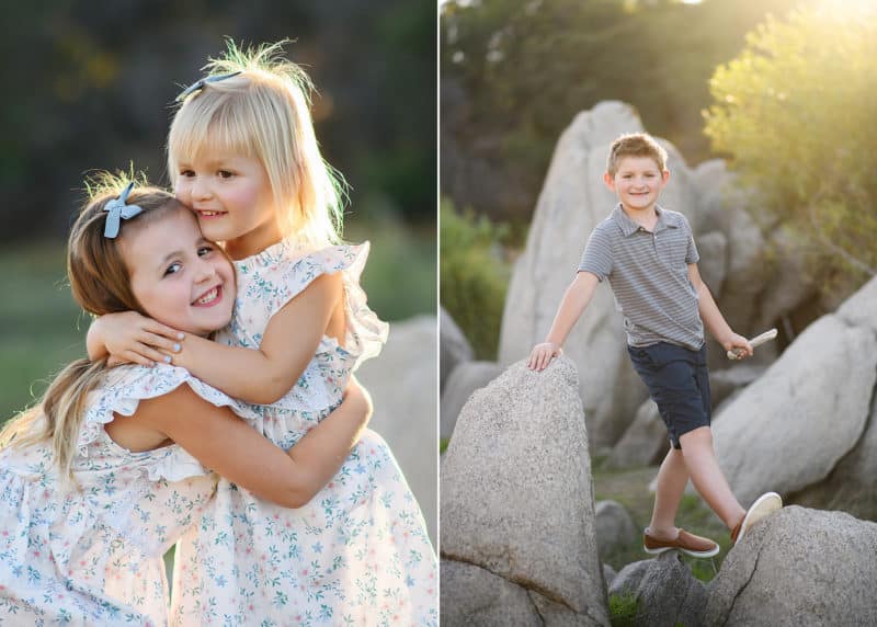 two sisters hugging wearing white dresses during family photography session in granite bay california, big brother standing on rocks during golden hour