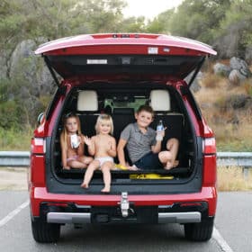 four siblings sitting in a car having snacks looking at the photographer in granite bay california