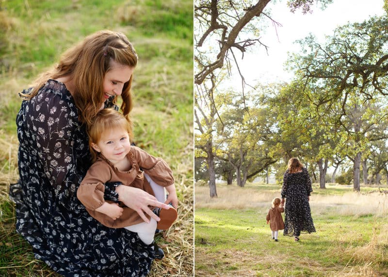 taking maternity photos with a folsom photographer, mom and daughter sitting together, walking and holding hands