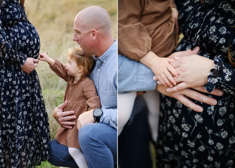 Folsom photographer taking maternity photos with family of three, touching pregnant belly and holding hands