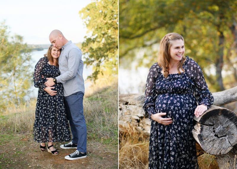 mom and dad hugging during maternity photos with a folsom photographer, holding pregnant belly and smiling