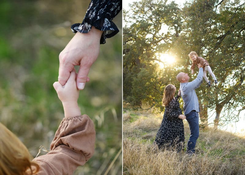 mom and daughter holding hands, family of three smiling during folsom maternity session with a professional photographer