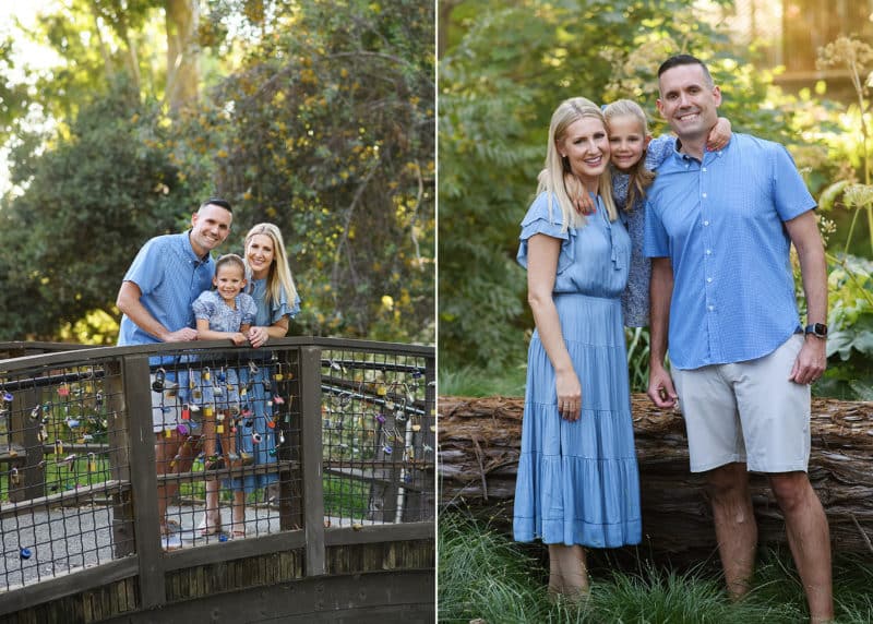 davis photographer with a family of three standing in front of a redwood log and posing on a bridge