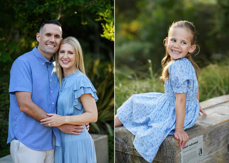 mom and dad hugging during family photo shoot in davis california, young girl laughing at the photographer 