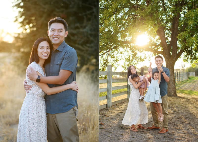 family of four standing in front of a big oak tree in the sunset, mom and dad hugging during sacramento family photography session