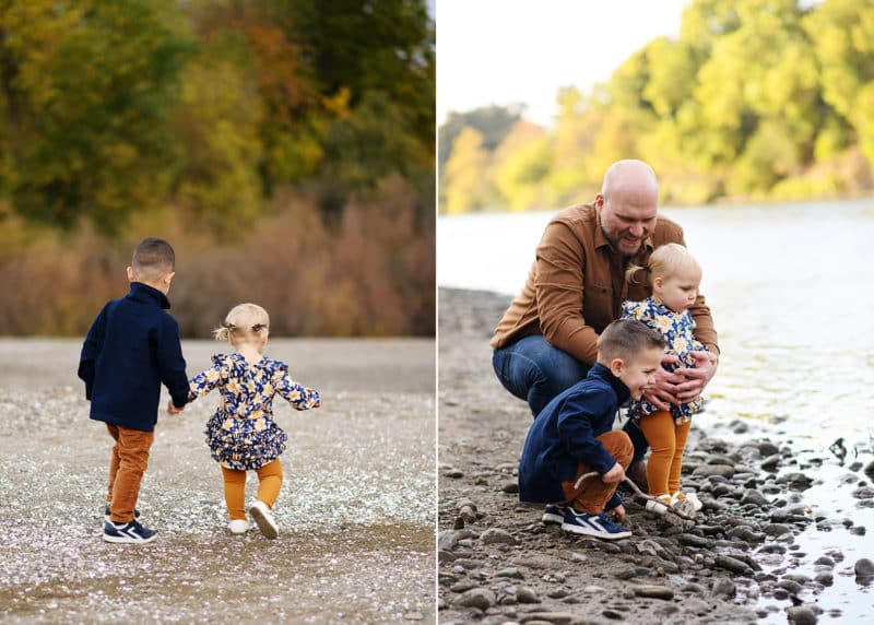 young brother and sister holding hands and walking by the river; dad and young daughter playing with rocks in sacramento california