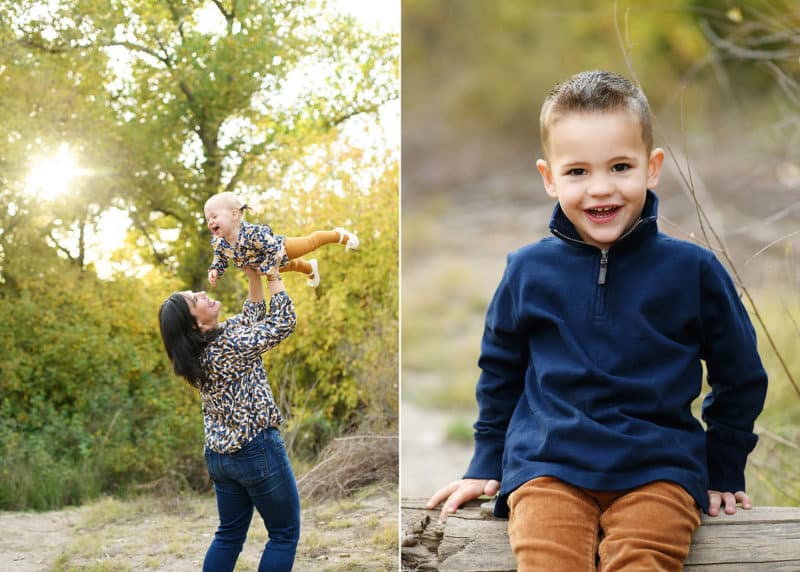 mom throwing young daughter in the air and laughing, brother sitting on a log and smiling at the photographer in sacramento california