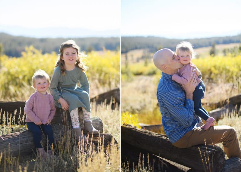 two young sisters sitting in a grassy field in lake tahoe by the mountains, dad kissing daughter on the cheek 