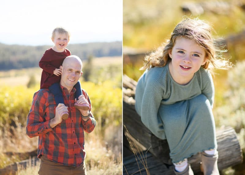 lake tahoe photographer taking family photos, young daughter sitting on dad's shoulders, sister looking into the camera and smiling