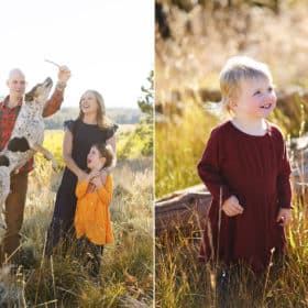 family dog jumping in front of photographer during family photos, young girl looking up at her parents