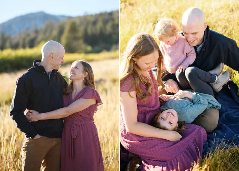 lake tahoe photographer taking family photos in the mountains, mom and dad looking at each other and smiling