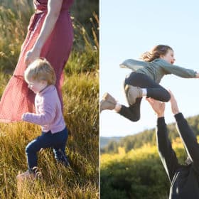 dad throwing young daughter into the air, mom holding hands walking through a field with young daughter during family photographer session in lake tahoe